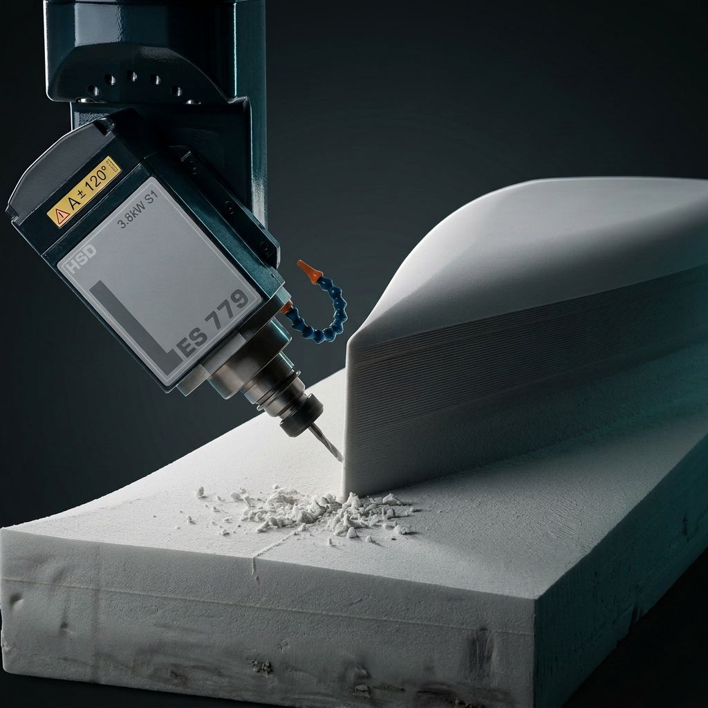 Five-axis HSD head cutting a curved foam pattern