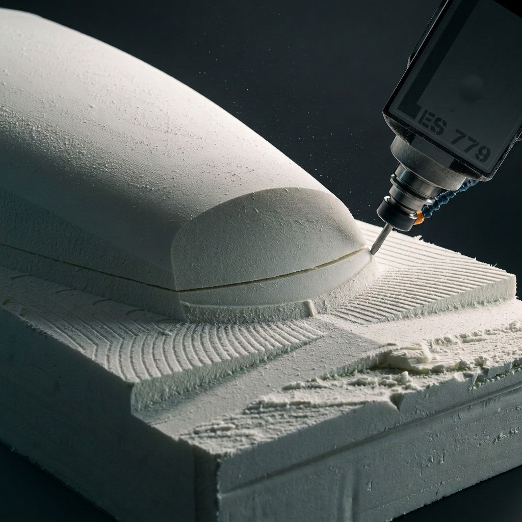 Spindle roughing a stepped profile into a foam block
