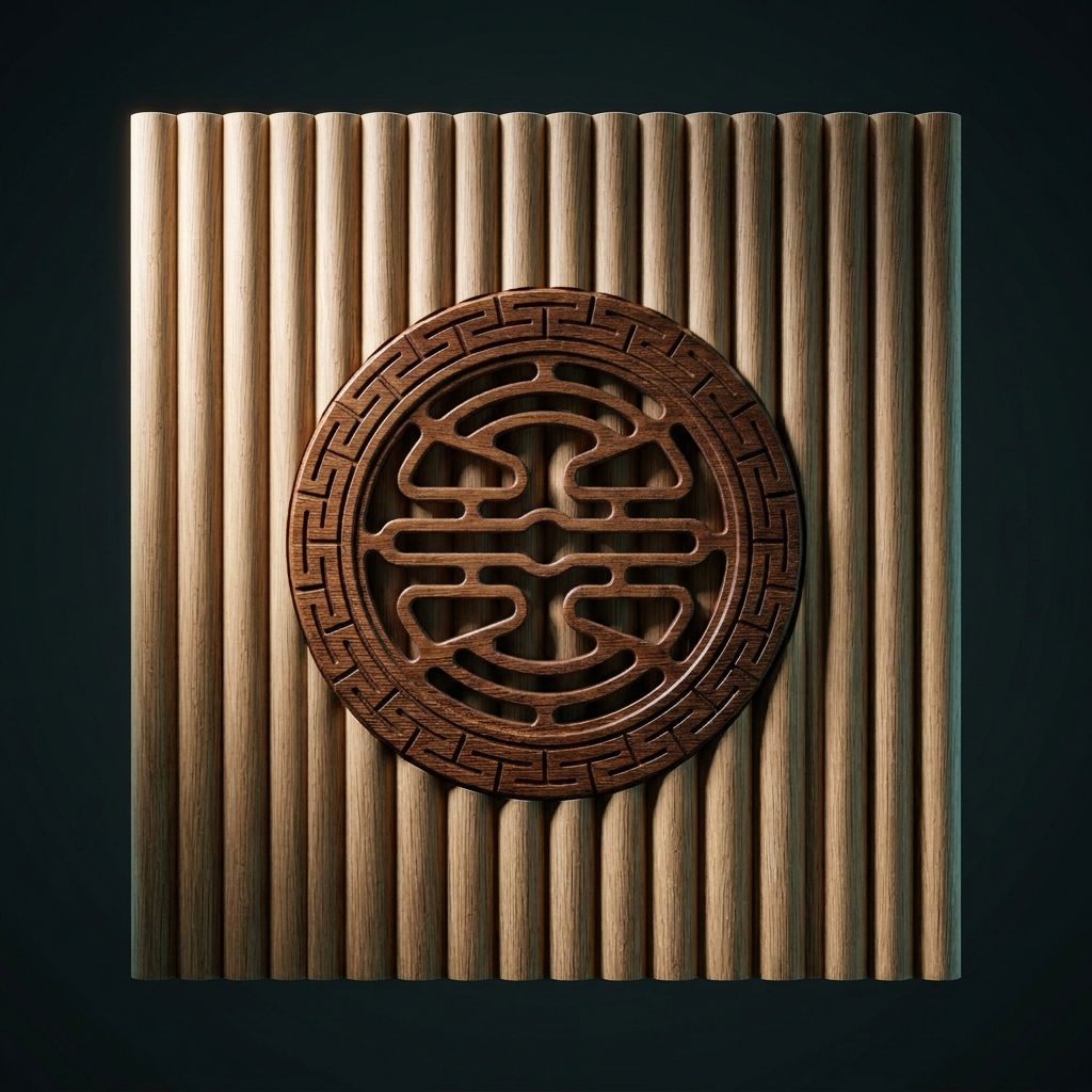 Fluted oak wall panel with a carved circular medallion