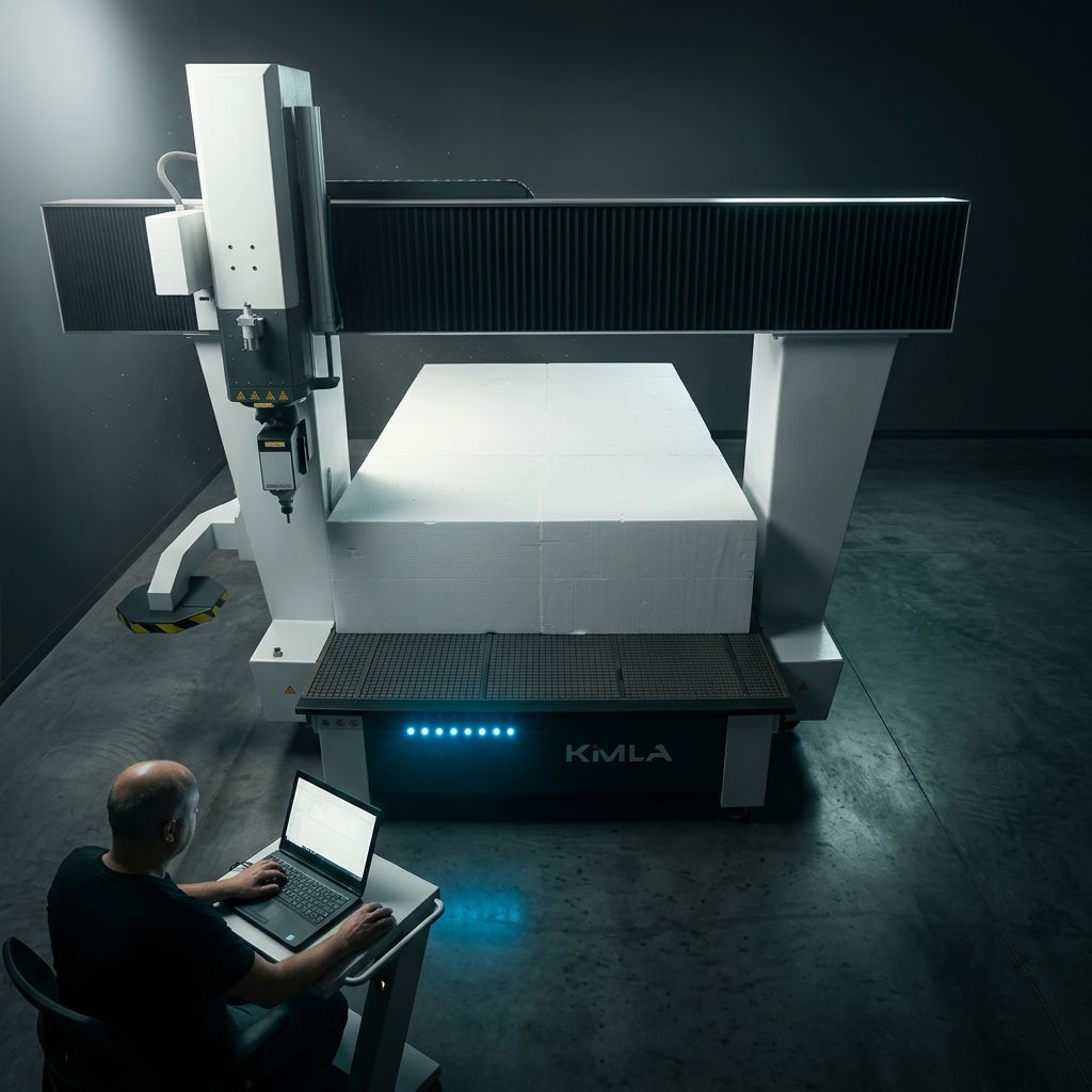 Operator at the control of a gantry machine holding a person-sized block