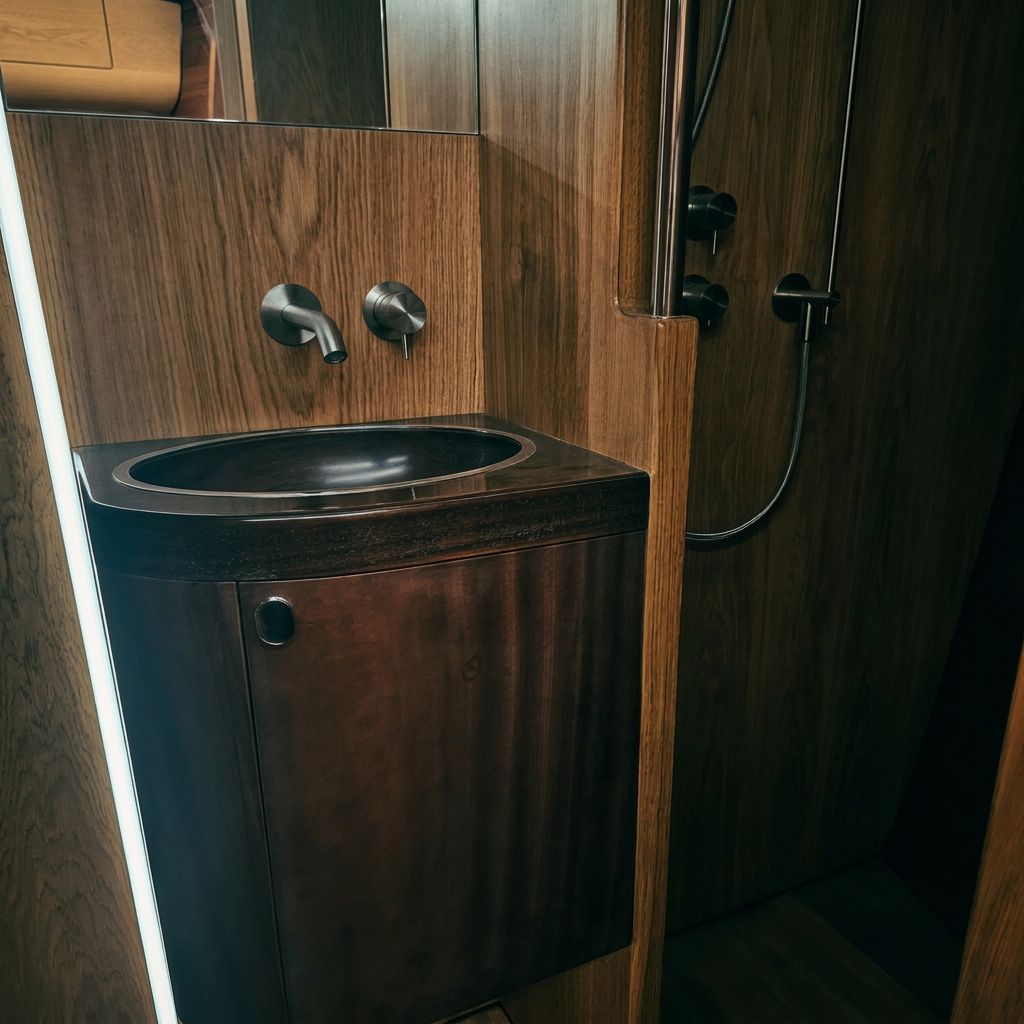 Fitted yacht head with a curved wooden vanity and machined basin