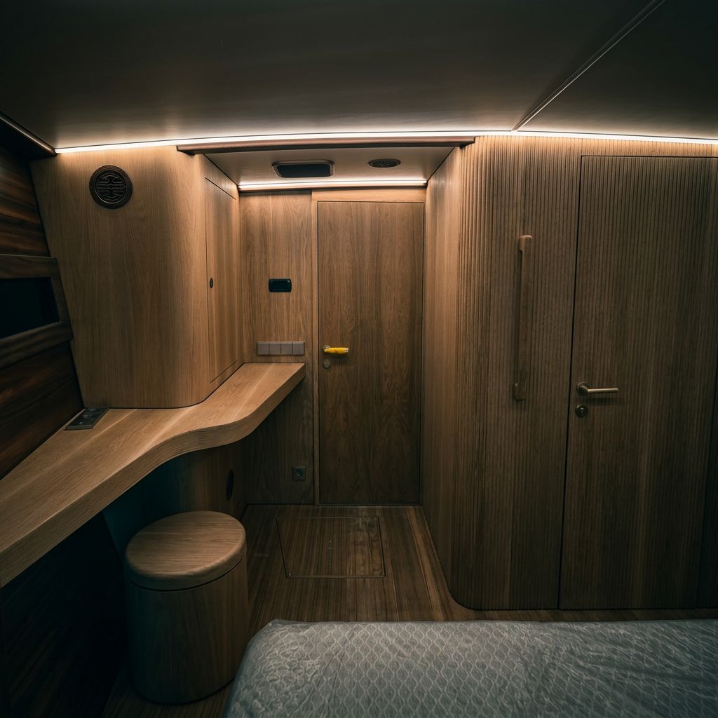 Veneered yacht cabin with built-in desk, doors and concealed lighting