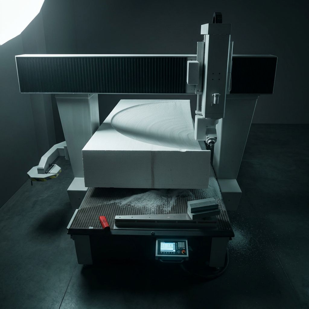 Large block with a contoured top surface sitting on the machine bed