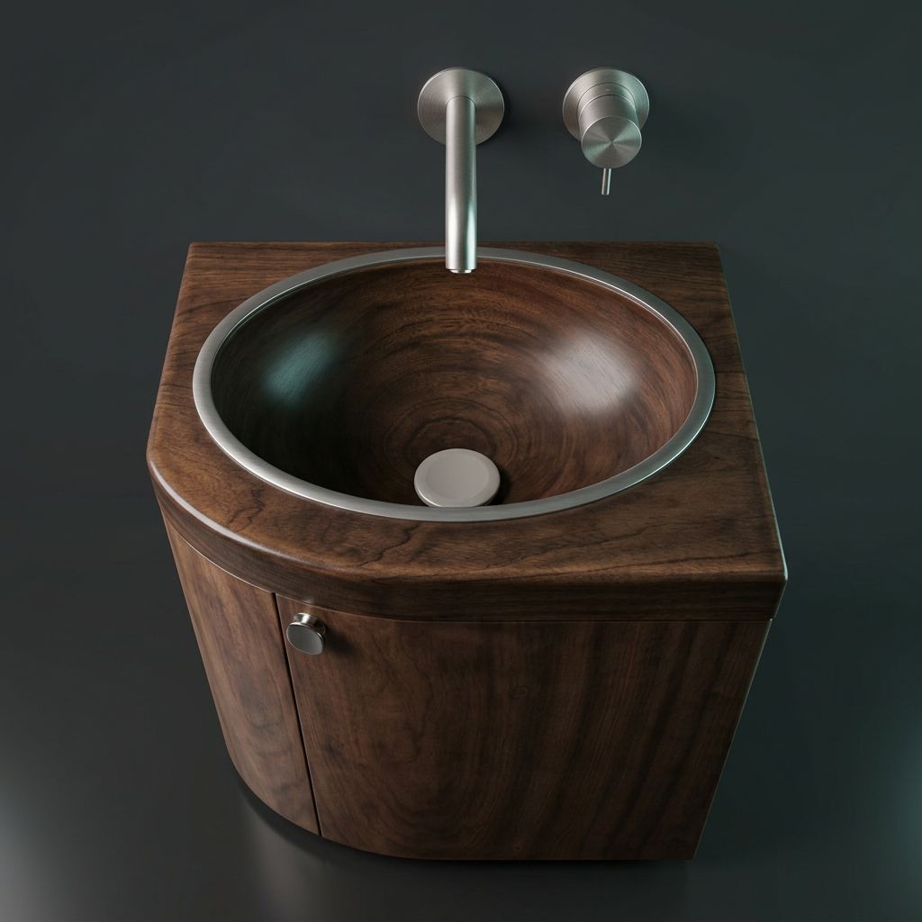 Machined bowl basin with a metal rim set into a dark counter