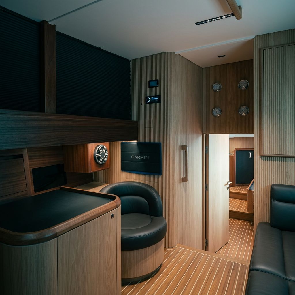 Fitted cabin joinery with veneer panelling and instrumentation